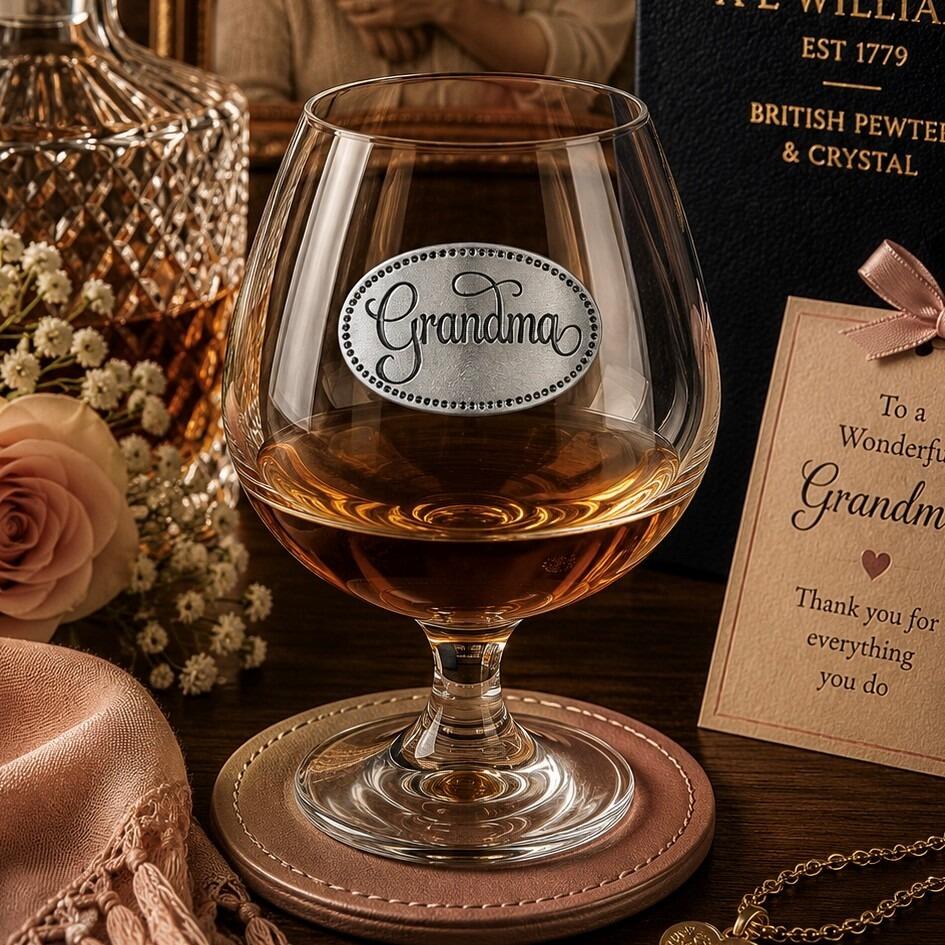 Crystal brandy glass with A E Williams pewter "Grandma" emblem, partially filled with amber liquid