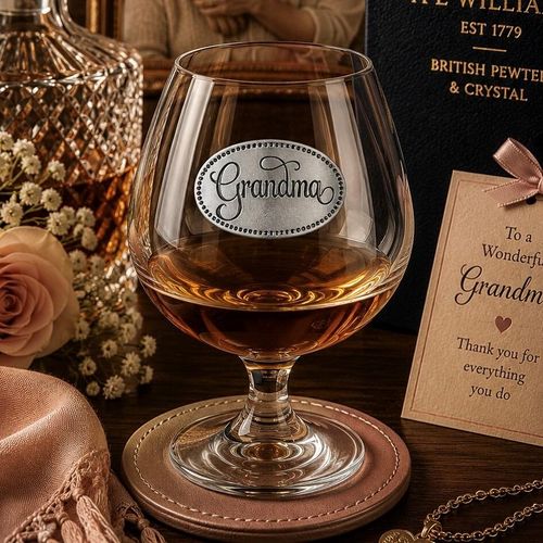 Crystal brandy glass with A E Williams pewter "Grandma" emblem, partially filled with amber liquid