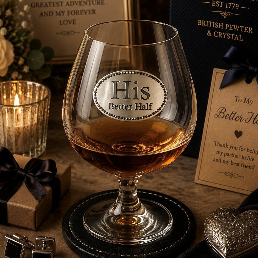 Crystal brandy glass with pewter "His Better Half" emblem, partially filled with amber liquid