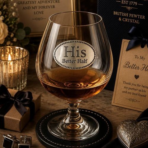 Crystal brandy glass with pewter "His Better Half" emblem, partially filled with amber liquid