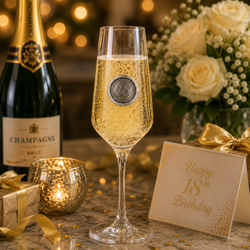 Champagne glass with a circular pewter emblem featuring the number 18, filled with sparkling wine and displayed beside a bottle of champagne