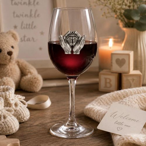Wine glass with handmade pewter new baby badge filled with red wine