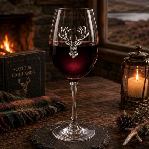 Wine glass with handmade pewter stag head badge filled with red wine