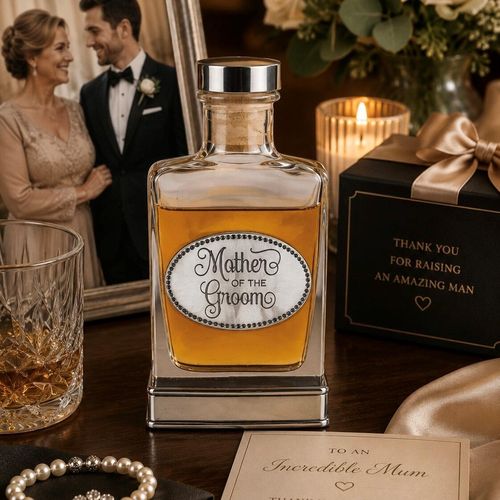 A glass flask with a pewter base and a handcrafted pewter “Mother of the Groom” emblem on the front