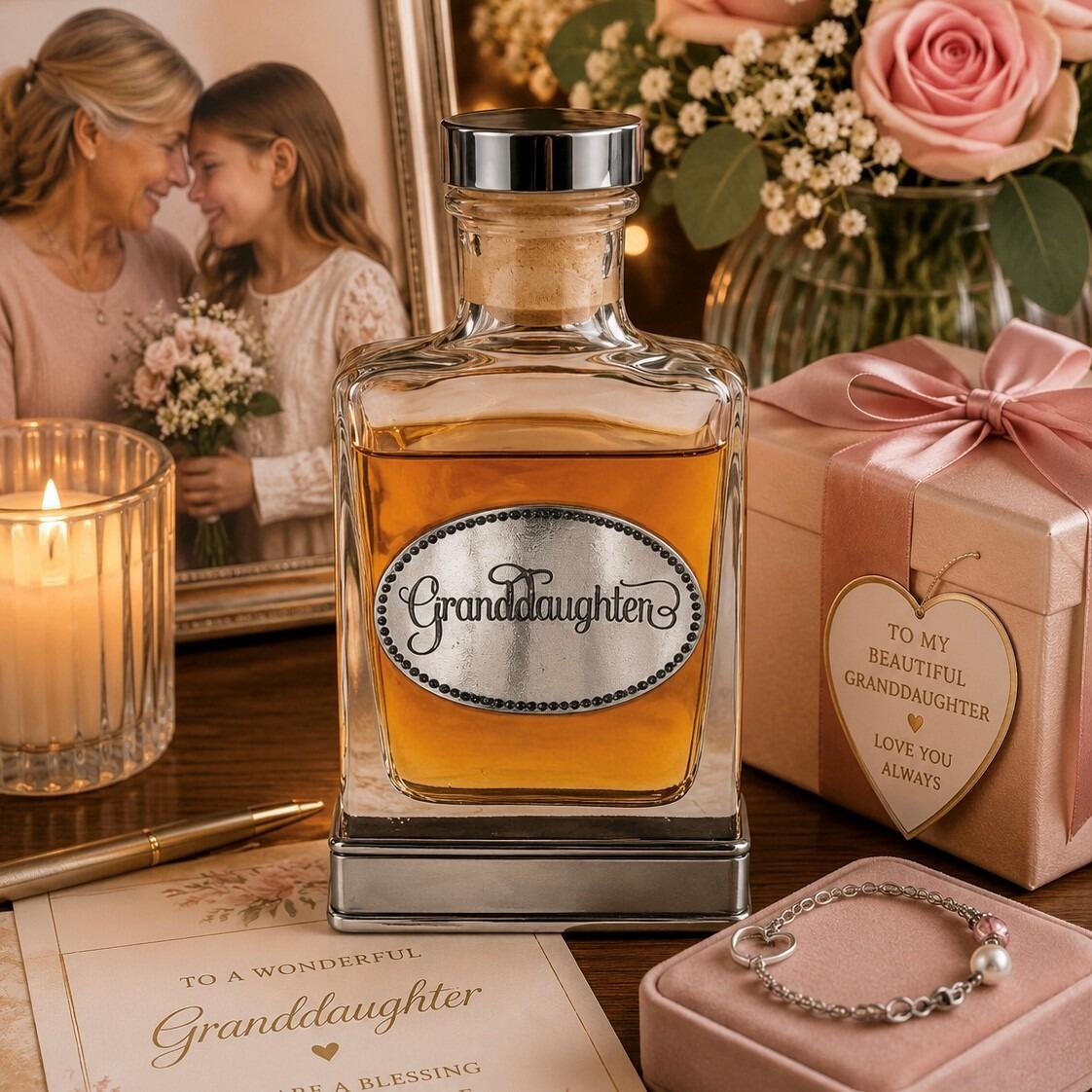 Handcrafted glass hip flask with pewter base featuring detailed granddaughter emblem on front