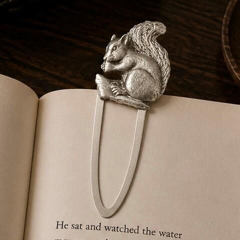 Handcrafted pewter squirrel metal clip bookmark resting on open book page