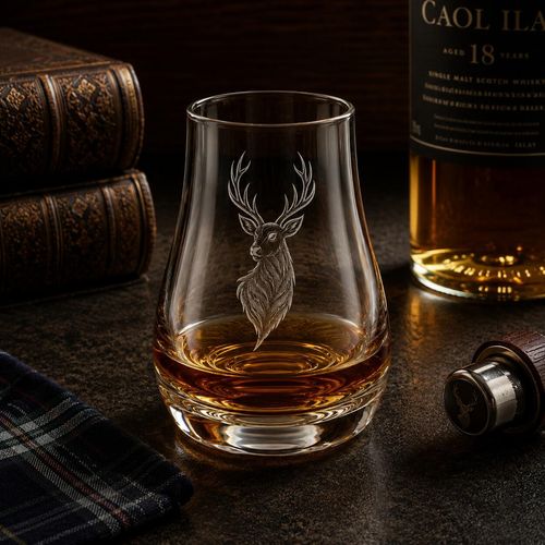 Stag head engraved whisky tasting glass filled with amber Scotch whisky in a rustic distillery setting