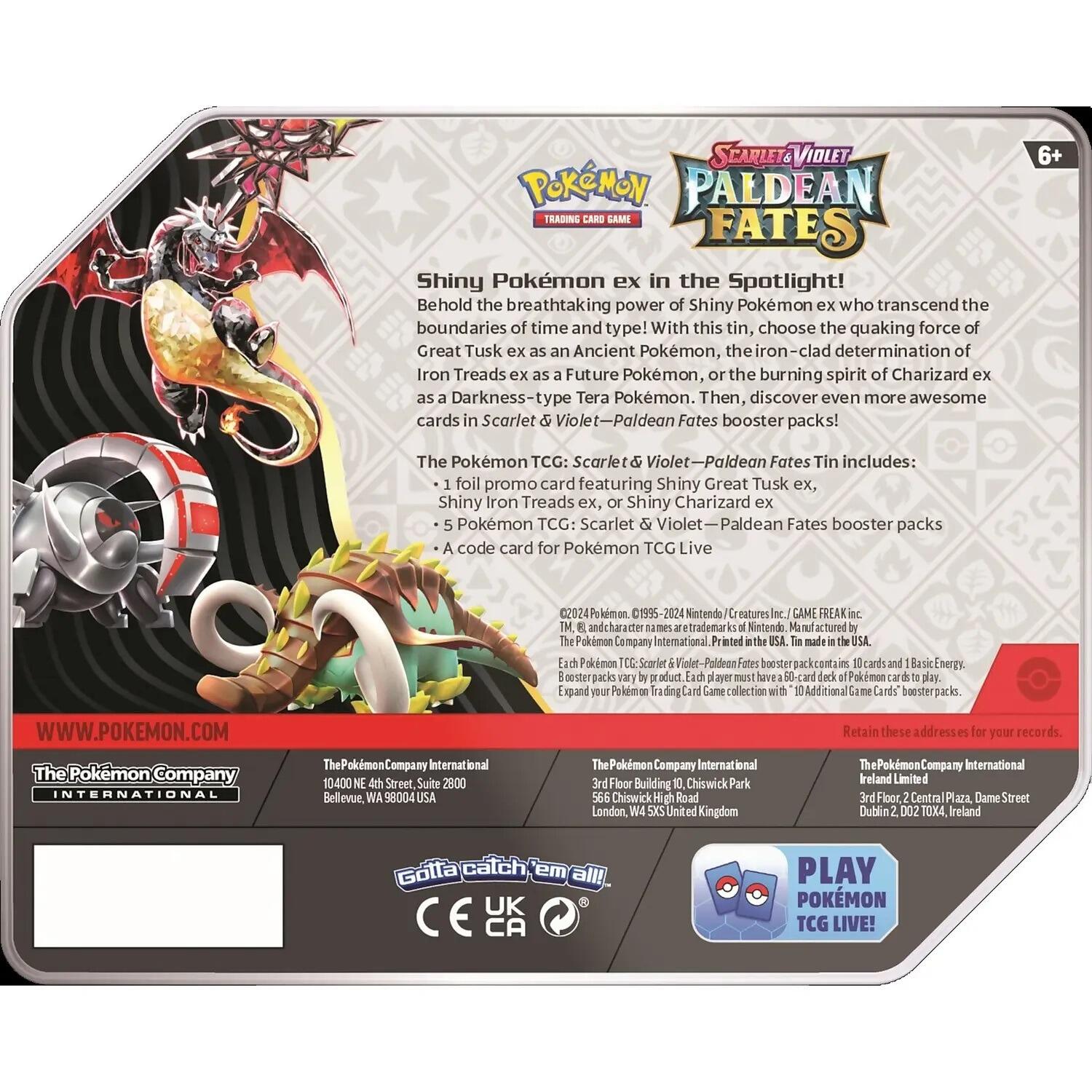 Pokémon TCG Scarlet & Violet 4.5 Paldean Fates (5 Booster) Tin - Great Tusk/Iron Treads/Charizard