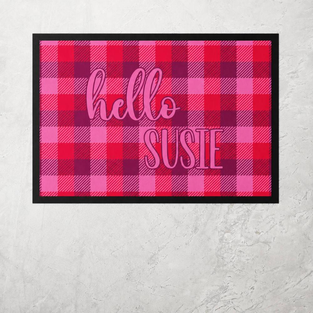 Personalised Bright Pink Plaid Kitchen Mat