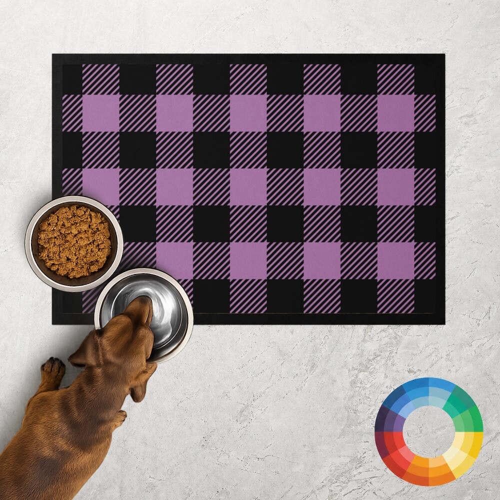 Buffalo Plaid Dog Food Mat Placed Under Feeding Bowls