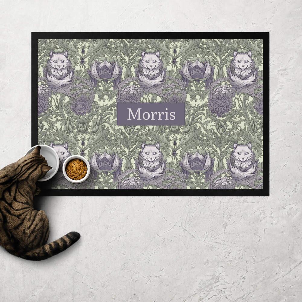 Inspired By William Morris Grey Personalised  Cat Food Mat