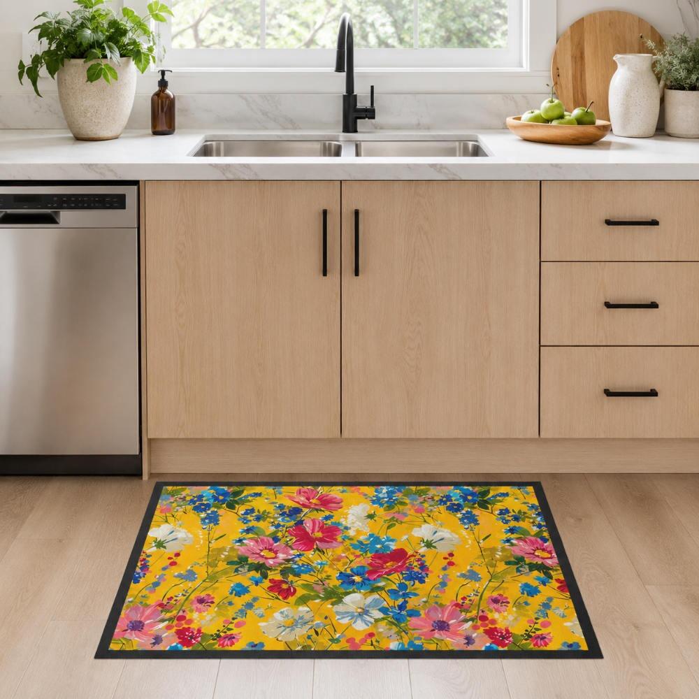 Yellow Floral Kitchen Mat Under Sink