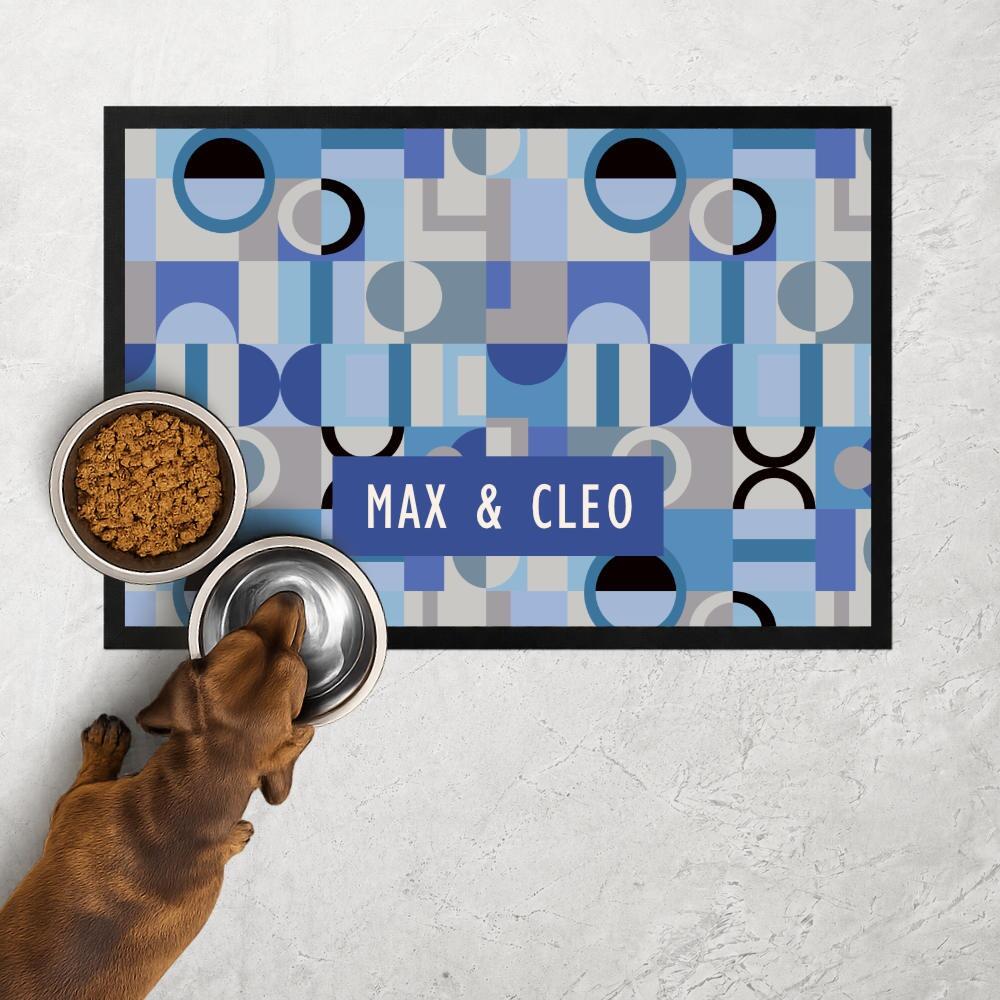 Personalised Blue Geometric Dog Food Mat in Custom Colours
