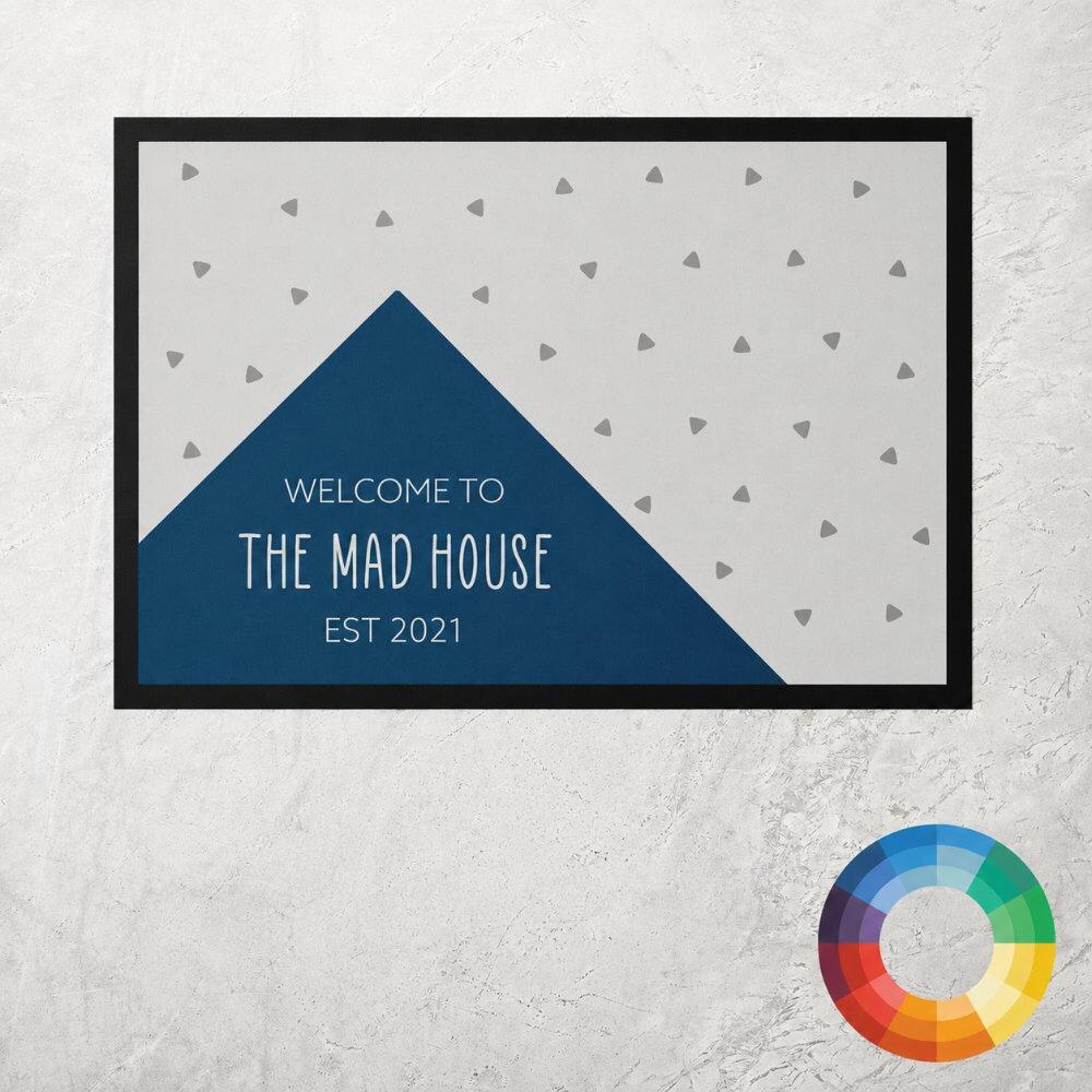 Personalised Teal Scattered Triangles Kitchen Mat