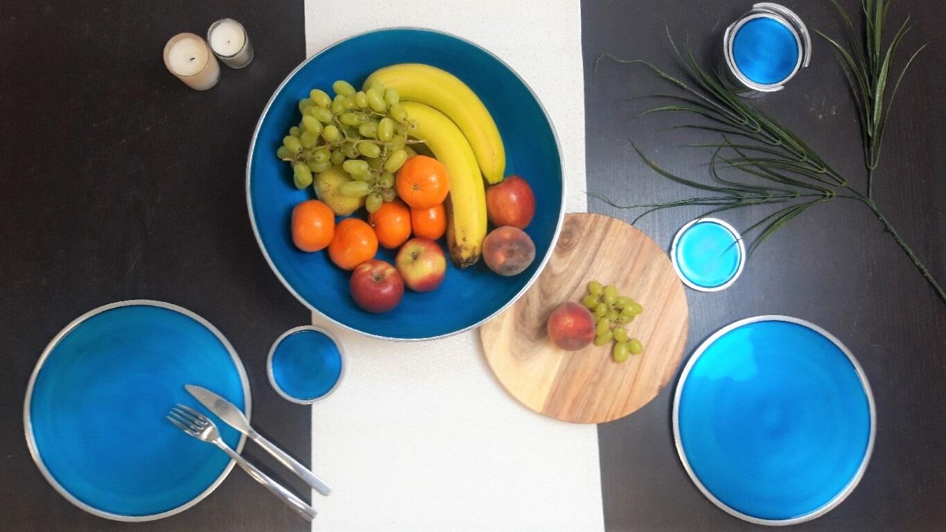 Aqua Blue Round Shallow Fruit Bowl