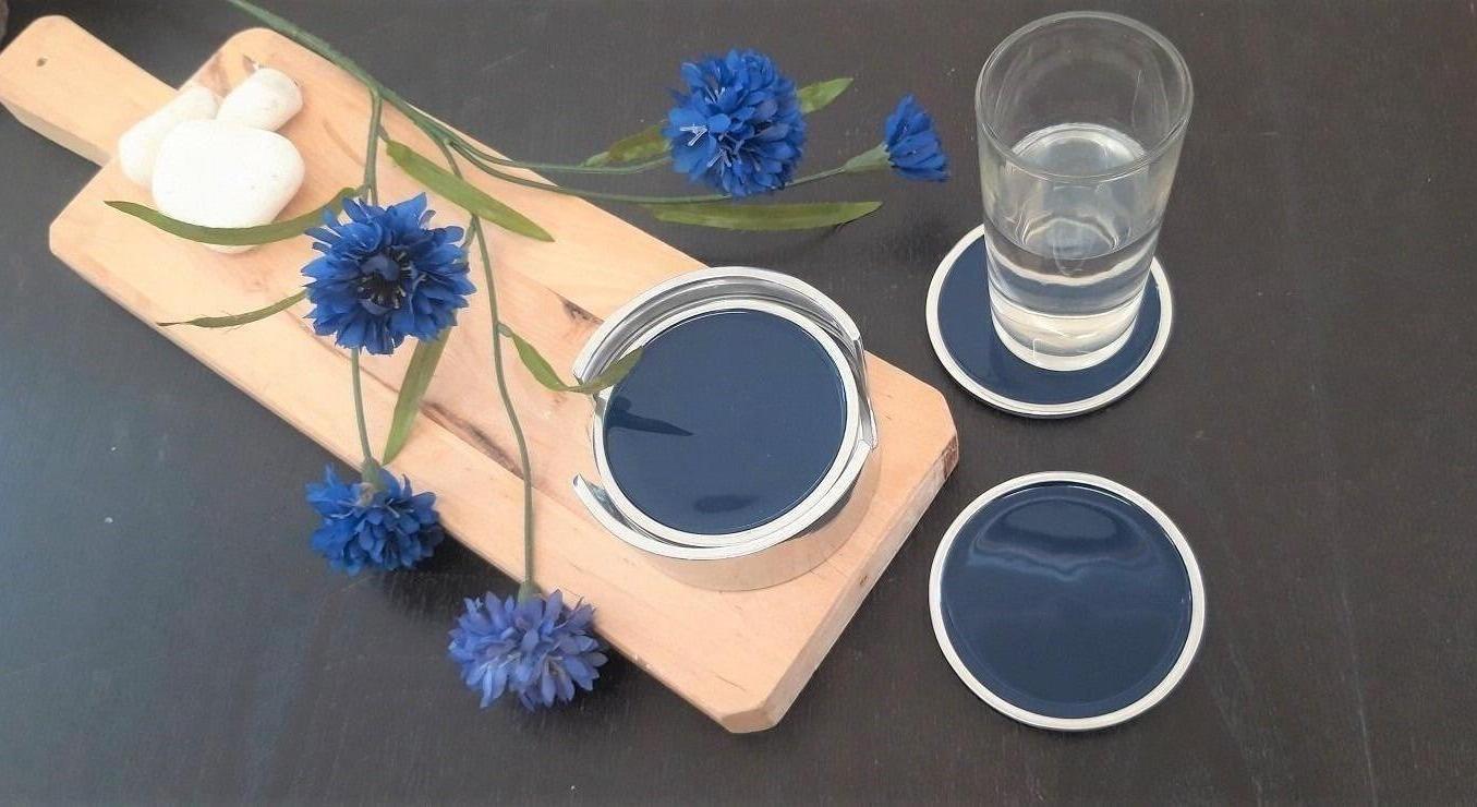 Blue set of 6 coasters with holder