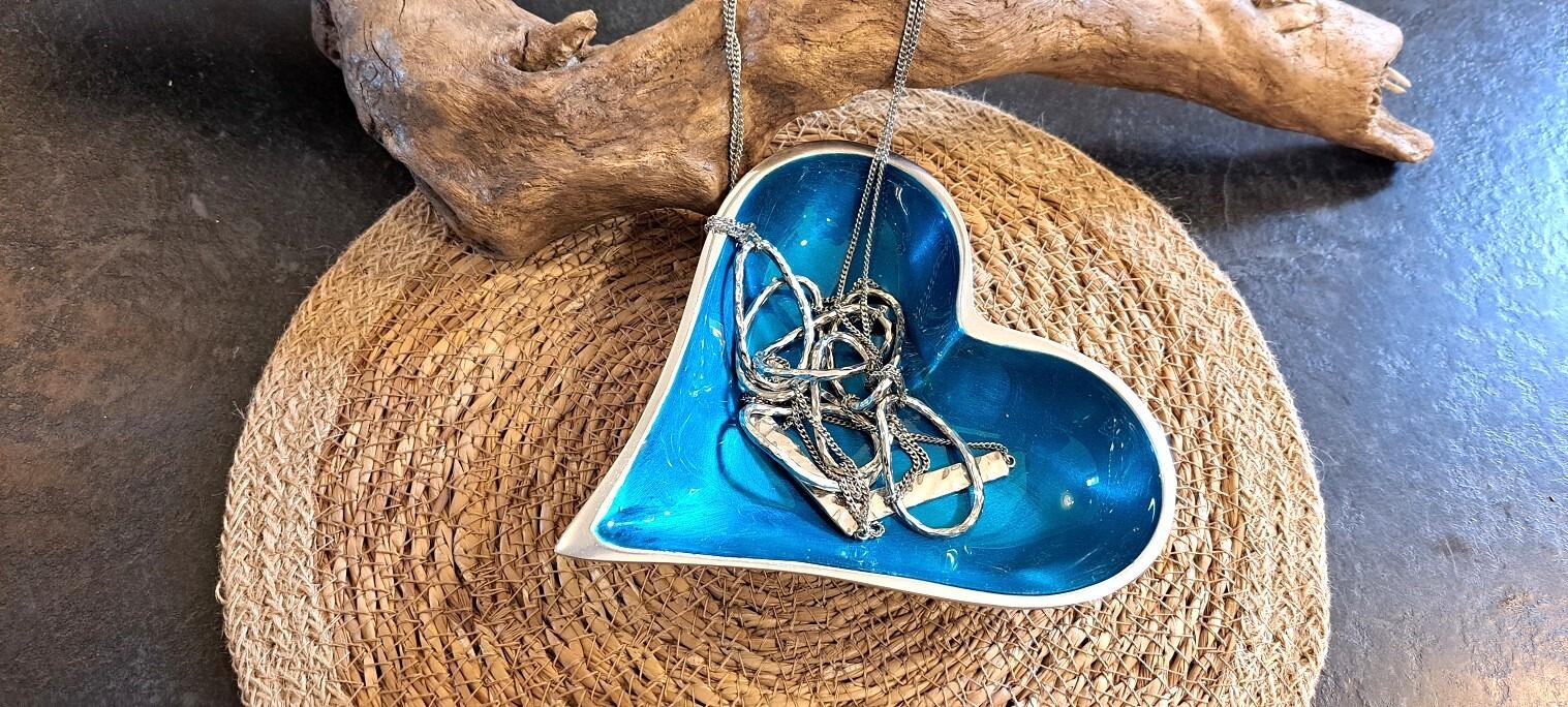 Aqua Blue Heart Jewellery Dish