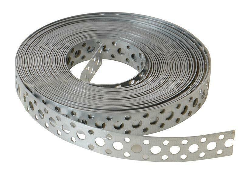 Galvanised fixing band used to secure pipework and support structures in construction.