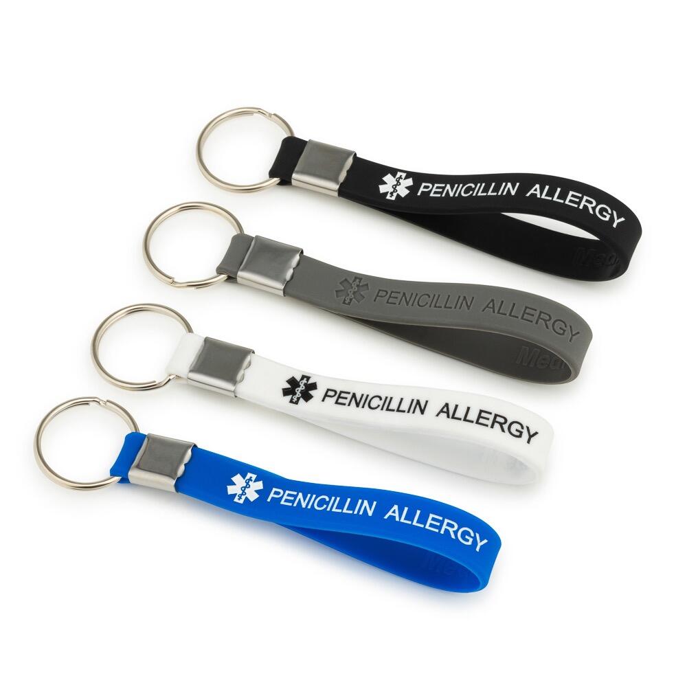 Penicillin Allergy Keyrings, multiple colours laid next to each other