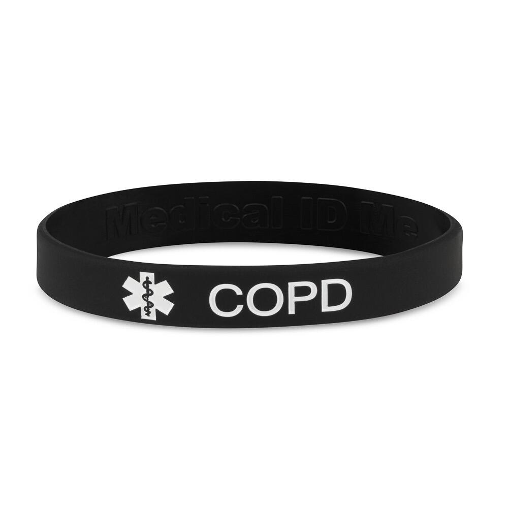 Black silicone COPD medical alert bracelet with white lettering