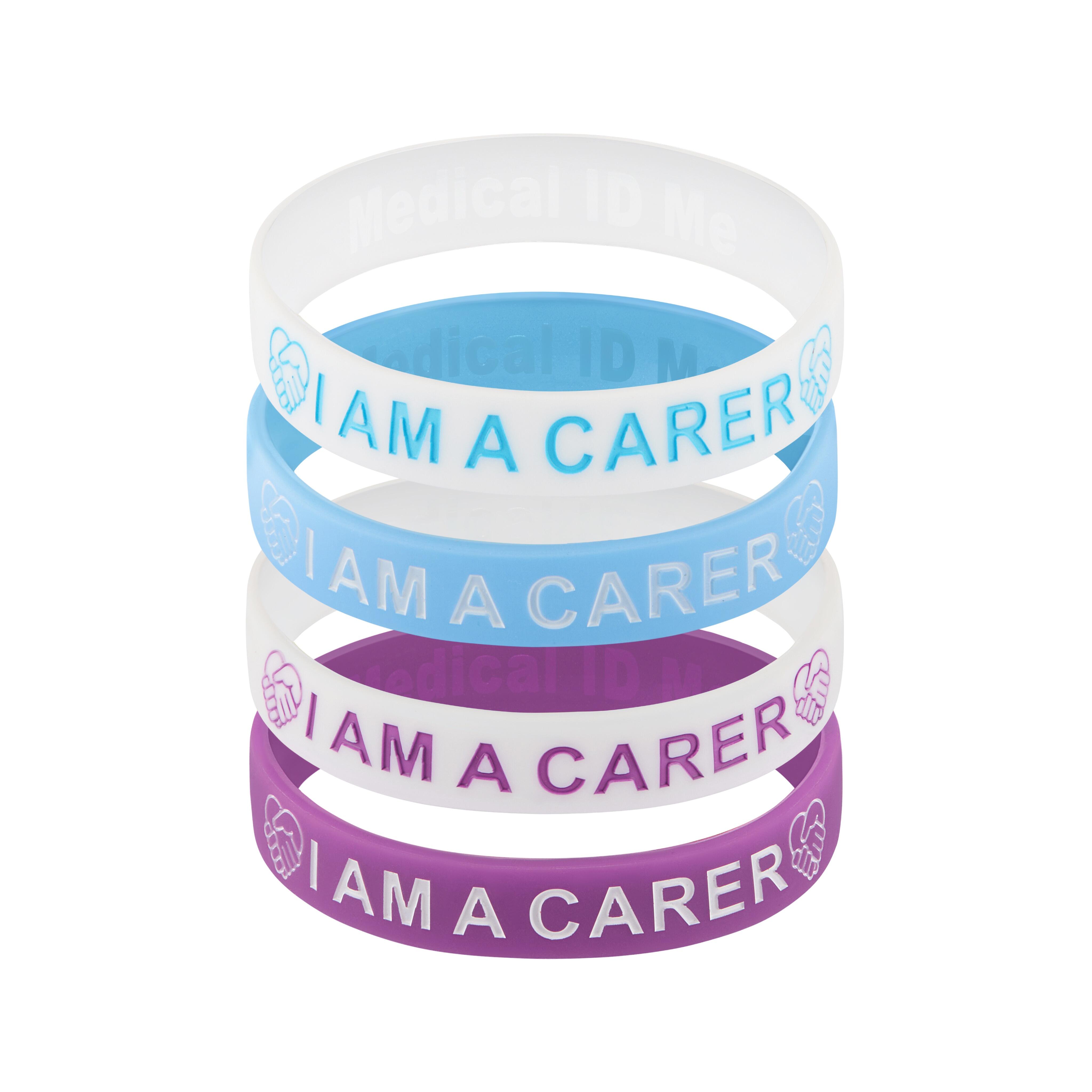 I Am A Carer silicone bracelet collection showing multiple colour options