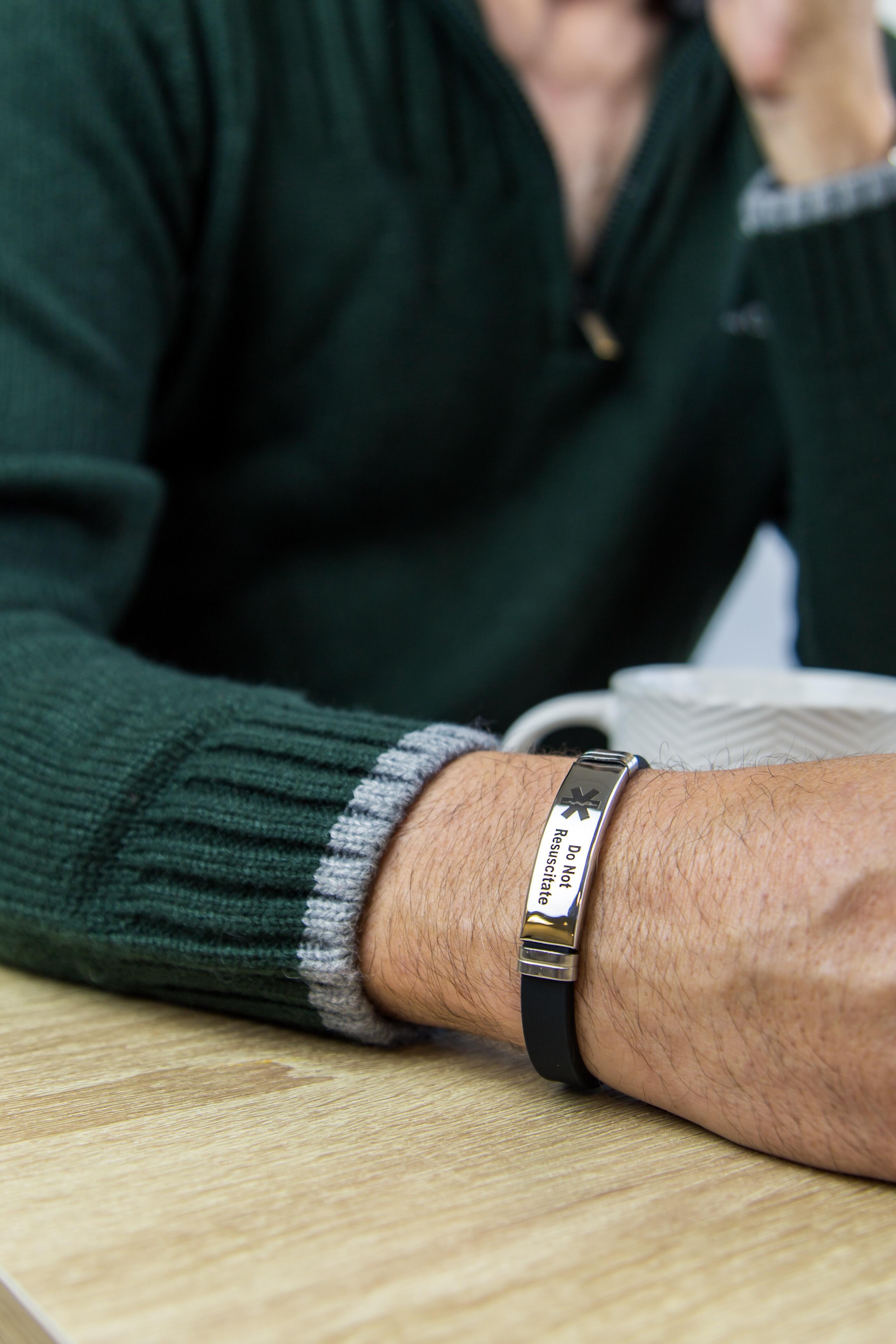 Do Not Resuscitate Adjustable Bracelet, worn on wrist