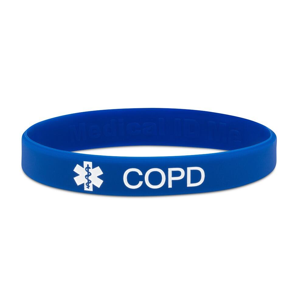 Blue silicone COPD medical alert bracelet with white lettering