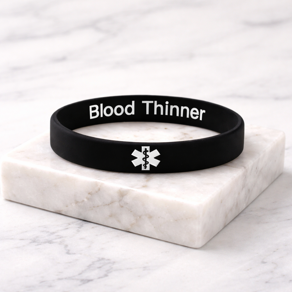 blood thinner bracelet on a marble surface