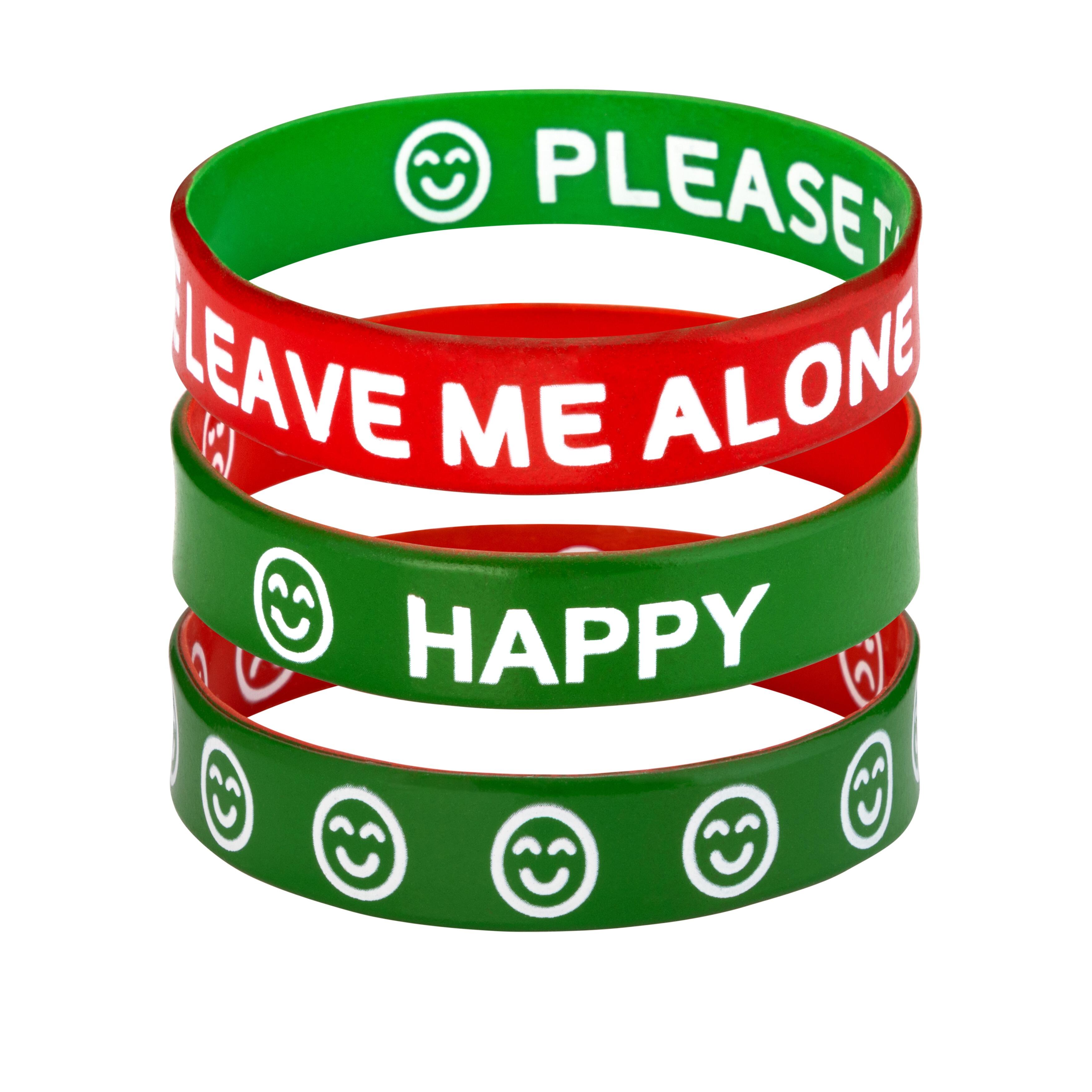 Happy and sad emotion bracelets set showing green and red silicone wristbands with mood messages