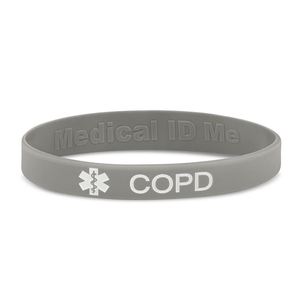 Grey silicone COPD medical alert bracelet with white lettering