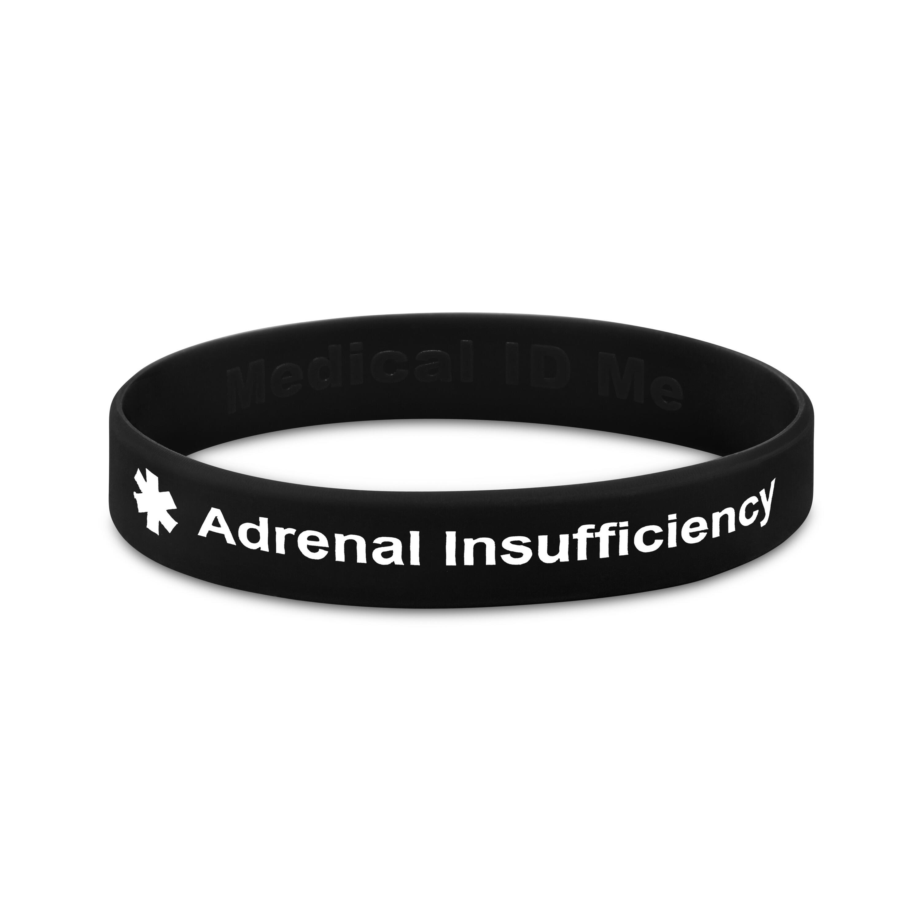 Adrenal insufficiency medical alert silicone wristband in black with clear white text