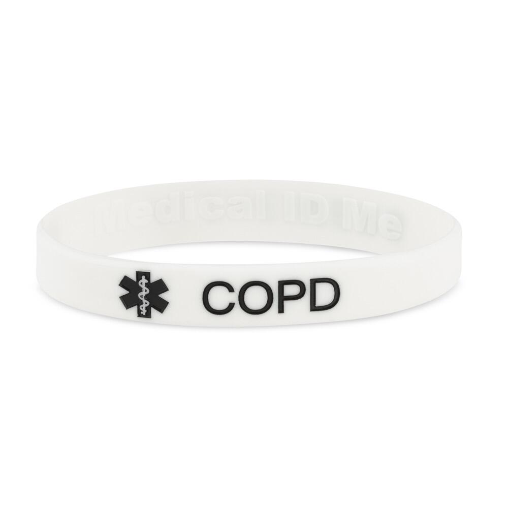 White silicone COPD medical alert bracelet with black lettering