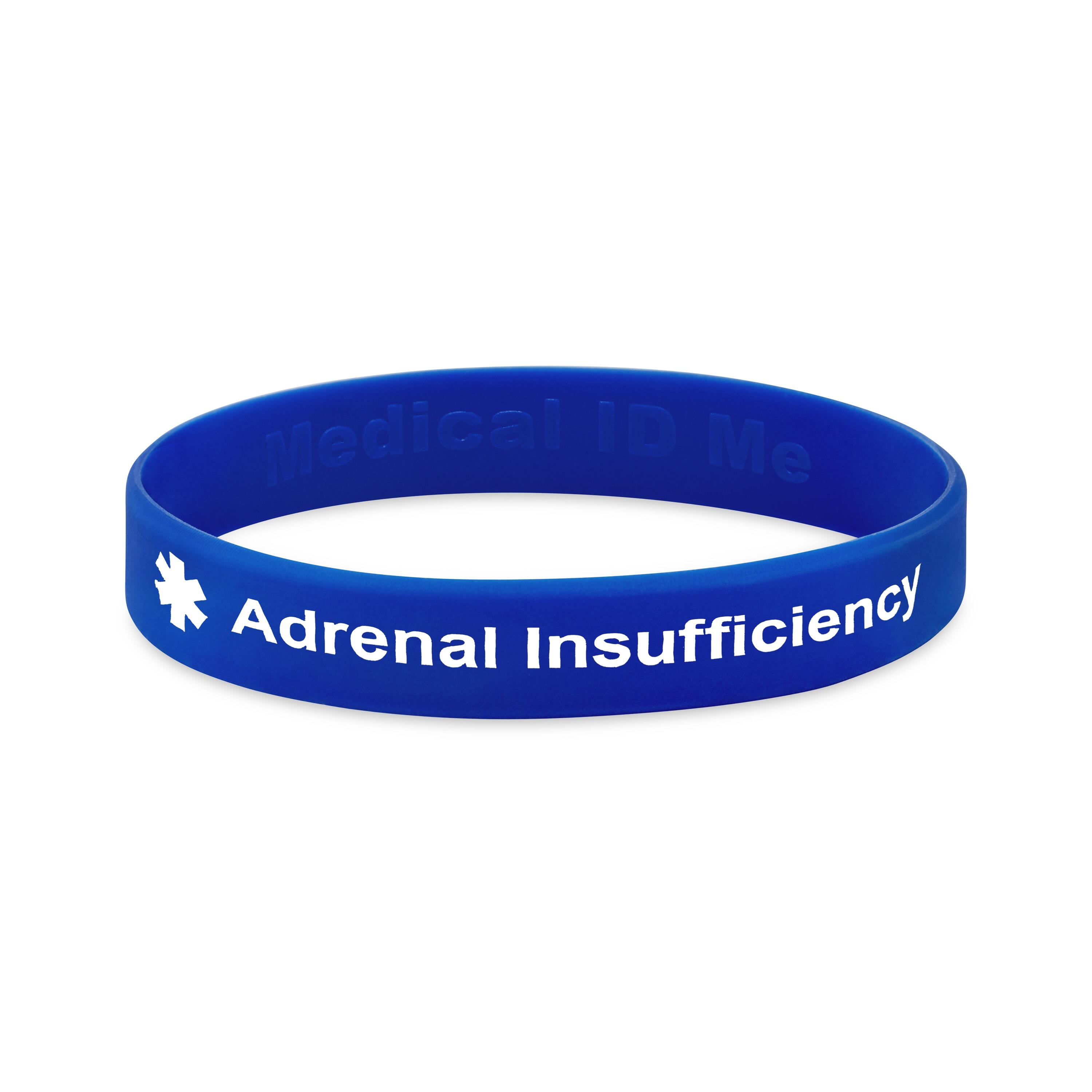 Adrenal insufficiency medical alert silicone wristband in blue with clear white text