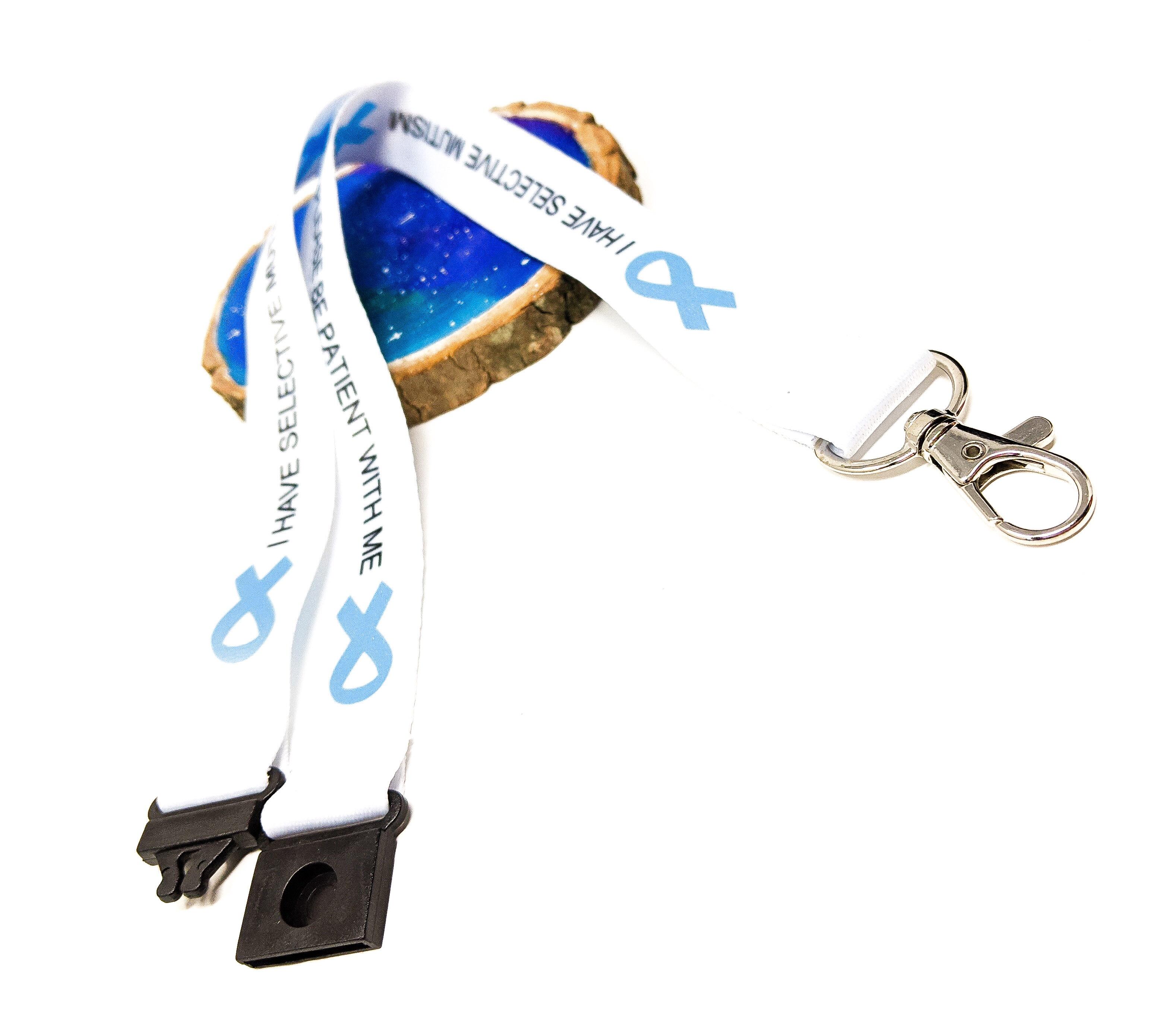Children’s selective mutism awareness lanyard with blue ribbons and safety clip