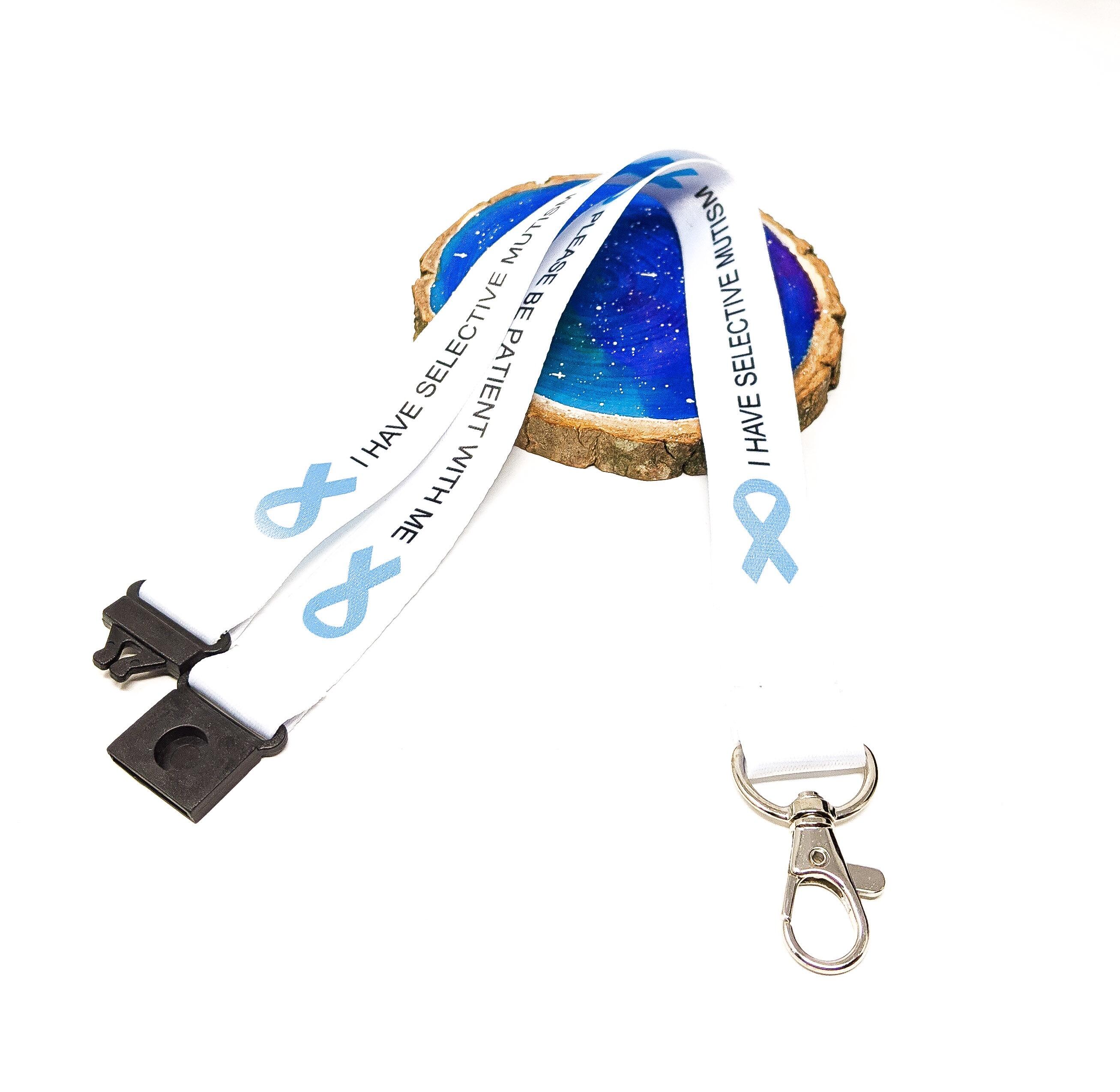Children’s selective mutism lanyard showing breakaway safety clasp and metal hook