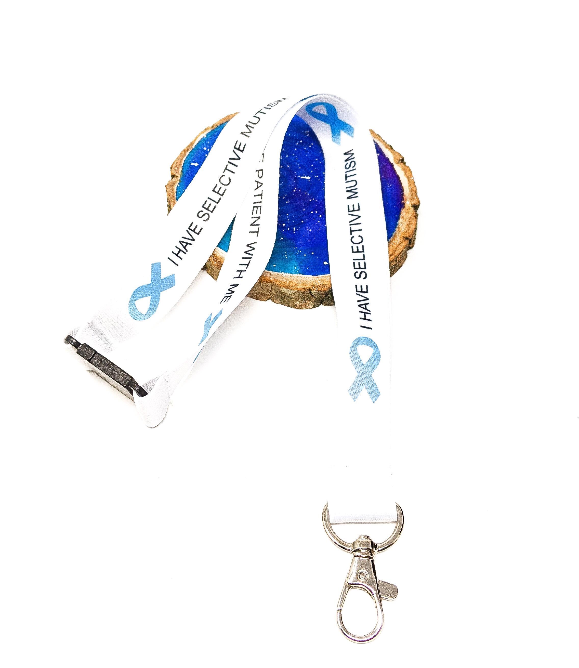 Selective mutism children’s lanyard with blue awareness ribbons for school use