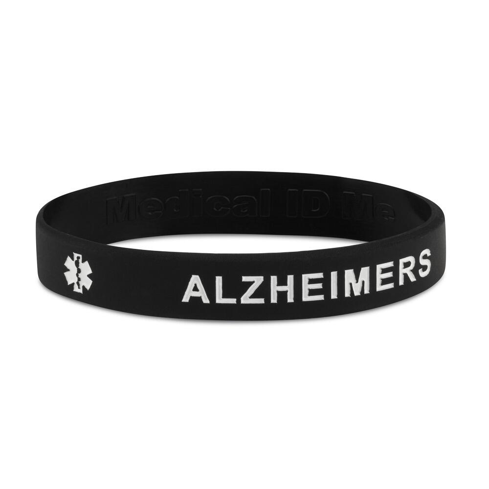 Black Alzheimer’s awareness silicone bracelet with clear debossed medical alert text