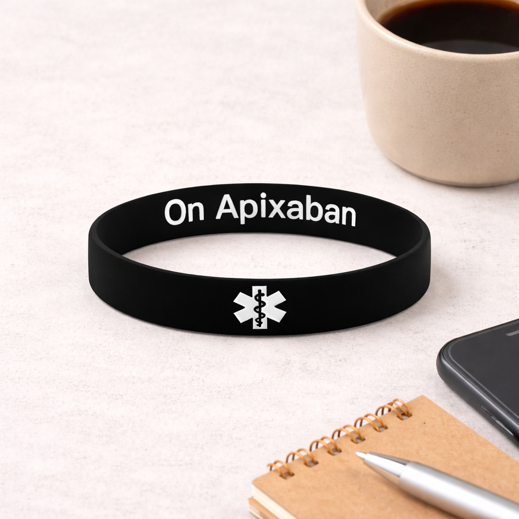 on Apixaban wristband on a desk