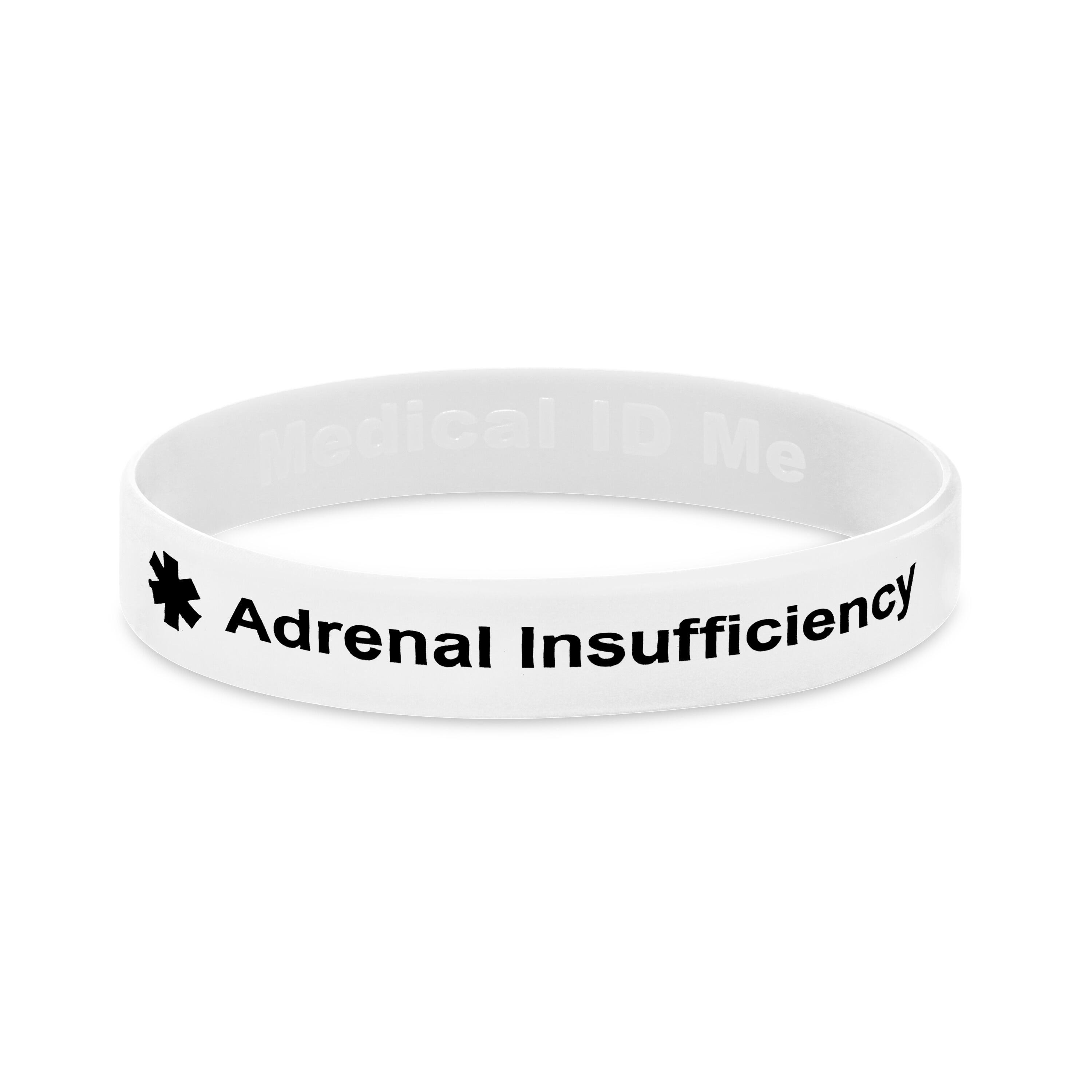 Adrenal insufficiency medical alert silicone wristband in white with clear black text