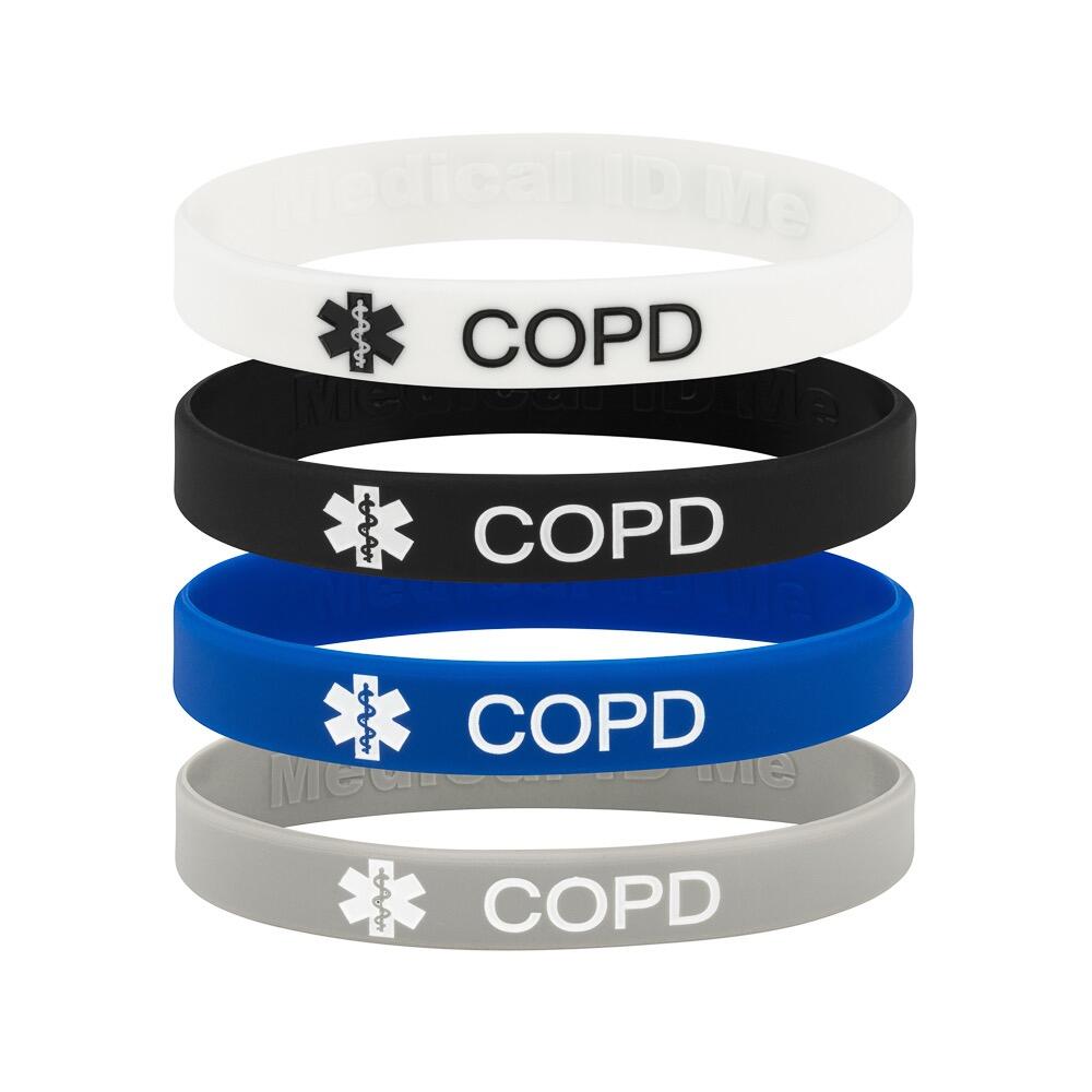 Silicone COPD medical alert bracelets in assorted colours stacked together