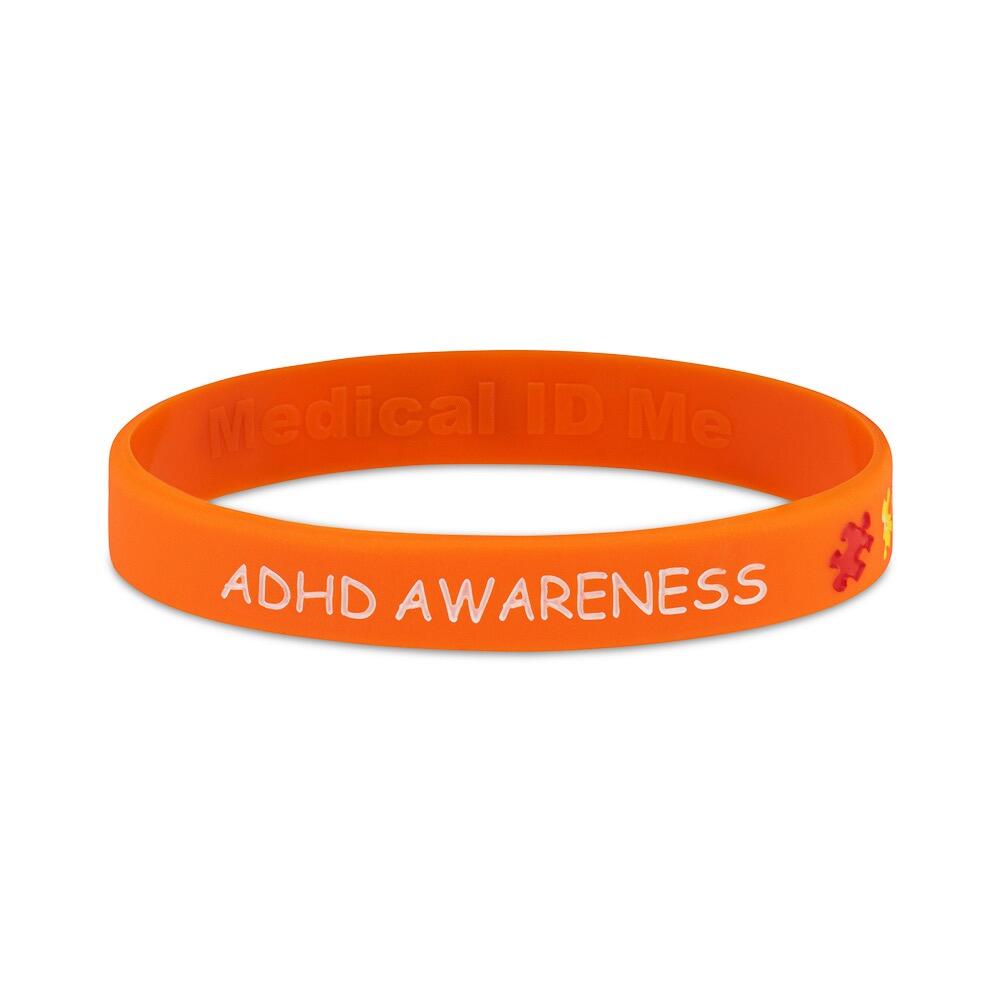 Orange ADHD awareness marks silicone bracelet with clear ADHD Awareness message
