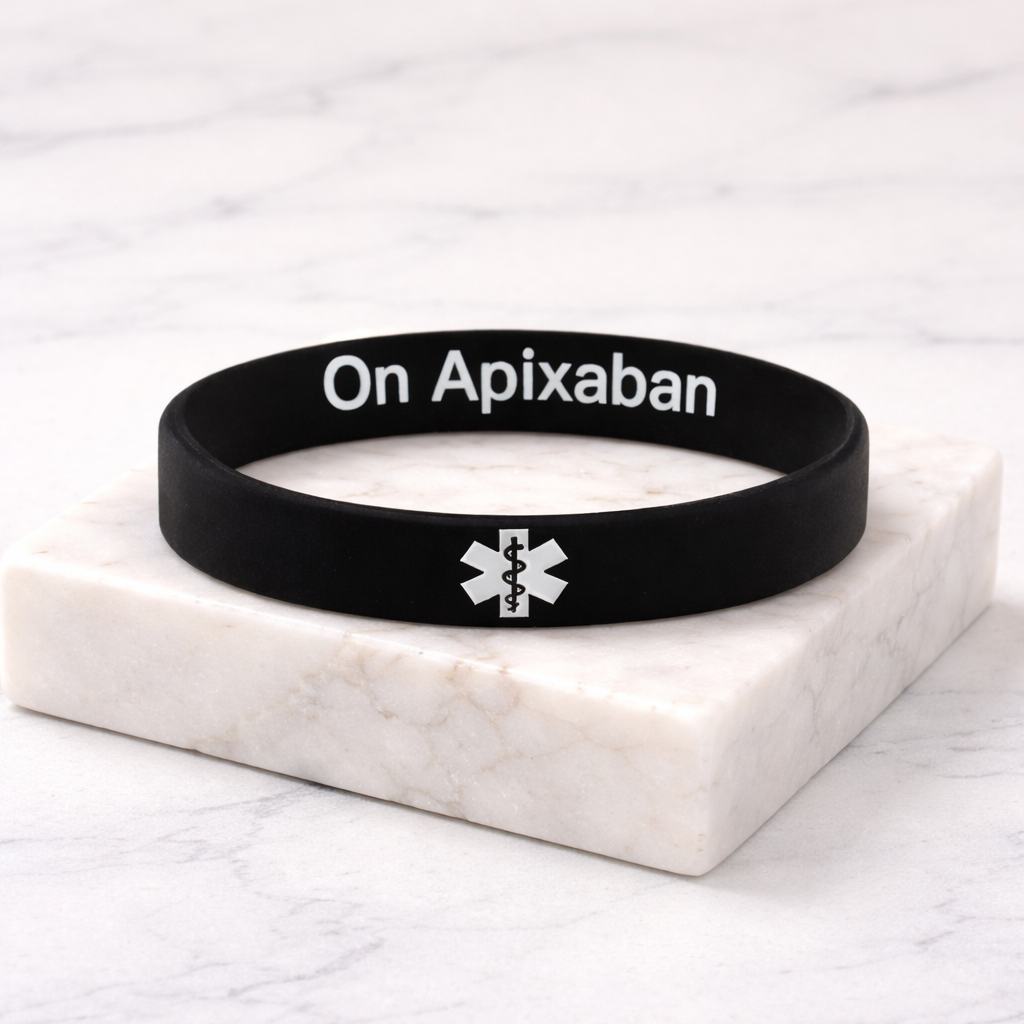 on Apixaban silicone bracelet on a marble background