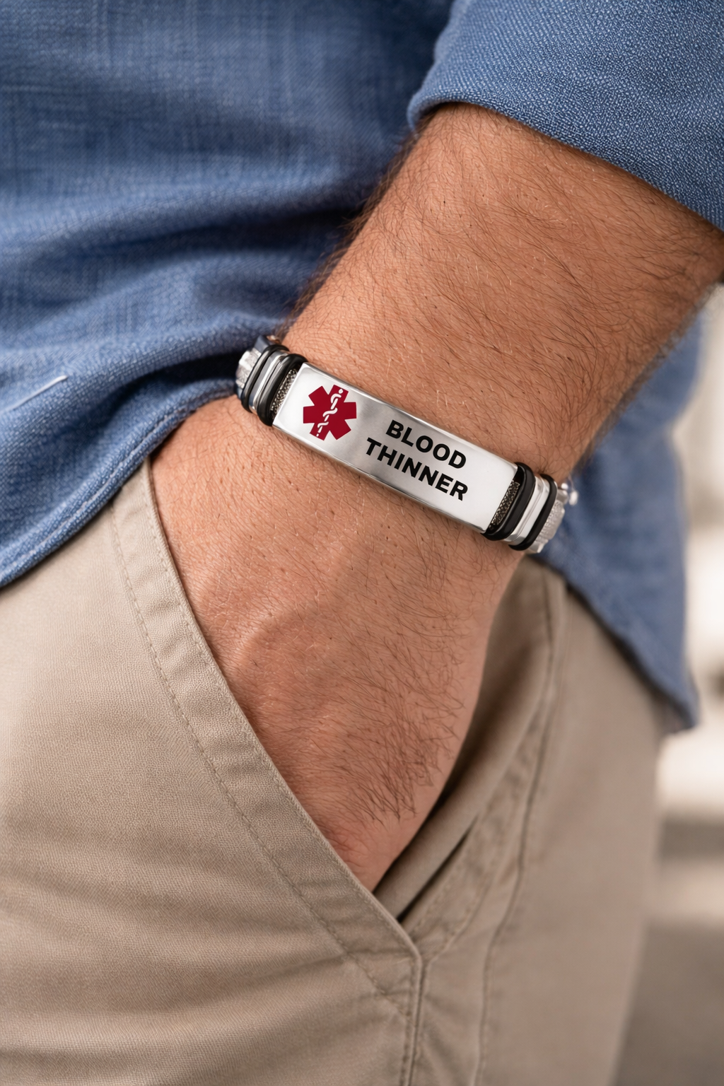 blood thinner bracelet worn on a mans wrist