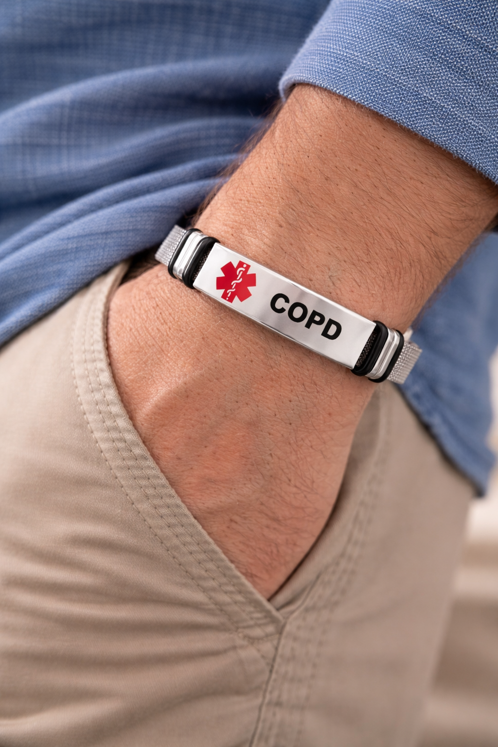 COPD Bracelet on a mans wrist