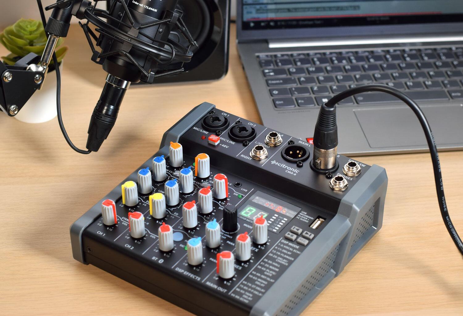 Citronic CMA-6 Compact Mixer with DSP FX and BT/USB on desk