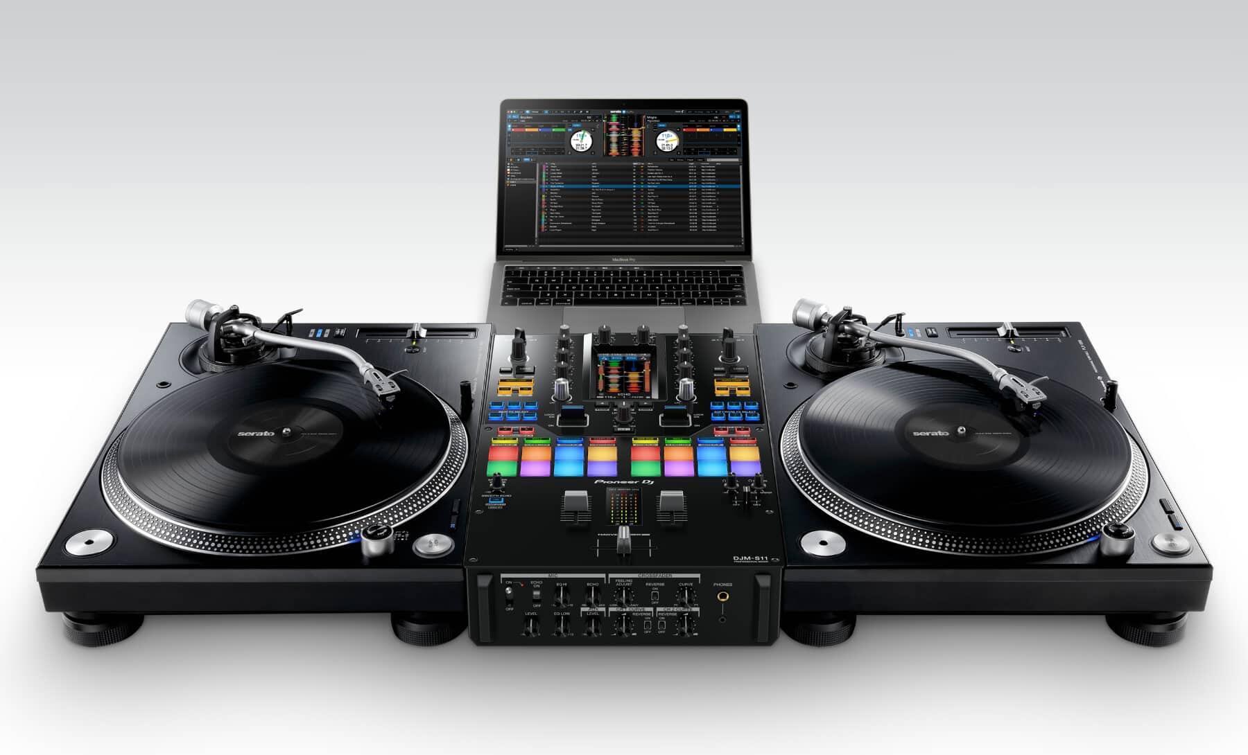 Pioneer DJ DJM-S11 Serato DJ Pro Mixer setup with PLX-1000's