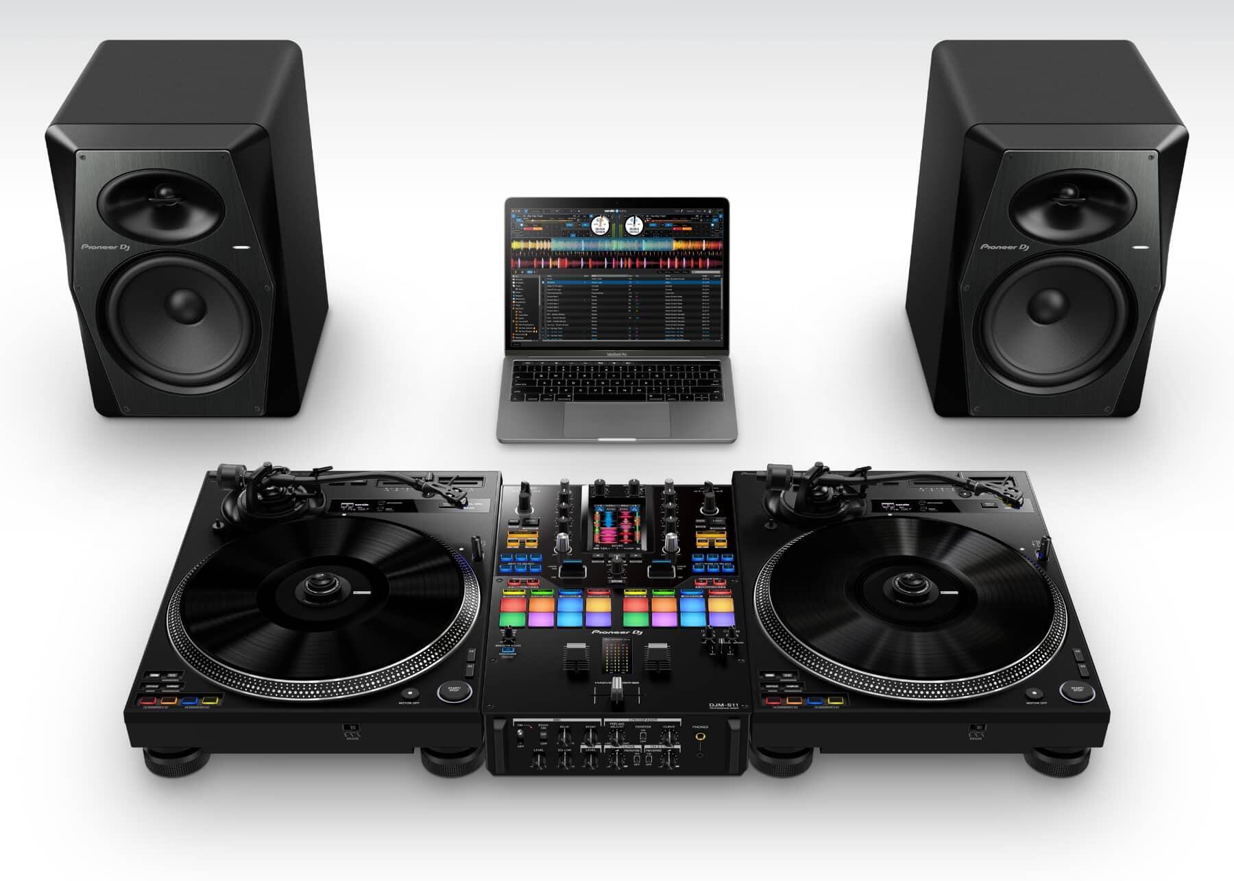Pioneer DJ DJM-S11 Serato DJ Pro Mixer setup with PLX-CRSS12's