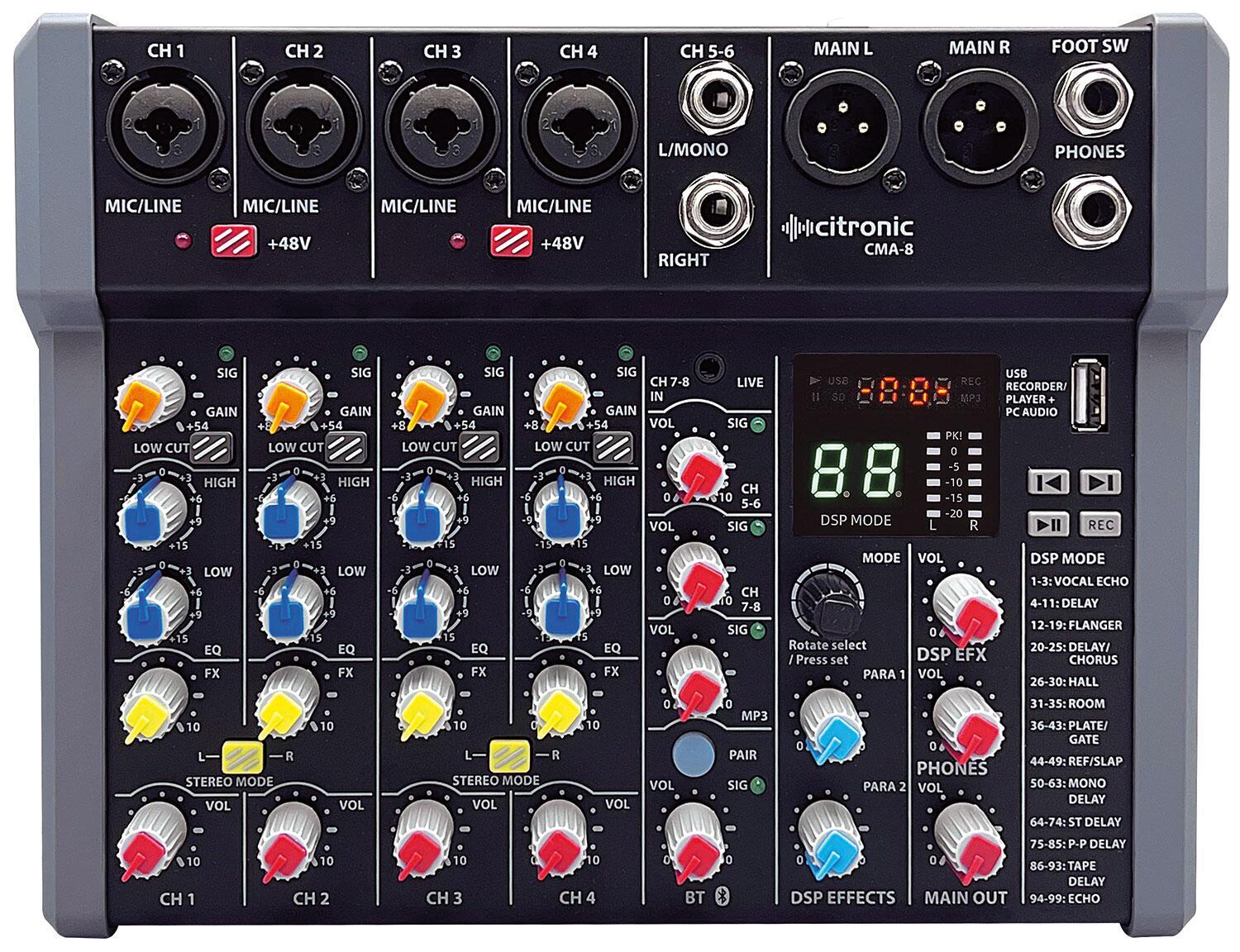 Citronic CMA-8 Compact Mixer with DSP FX and BT/USB top