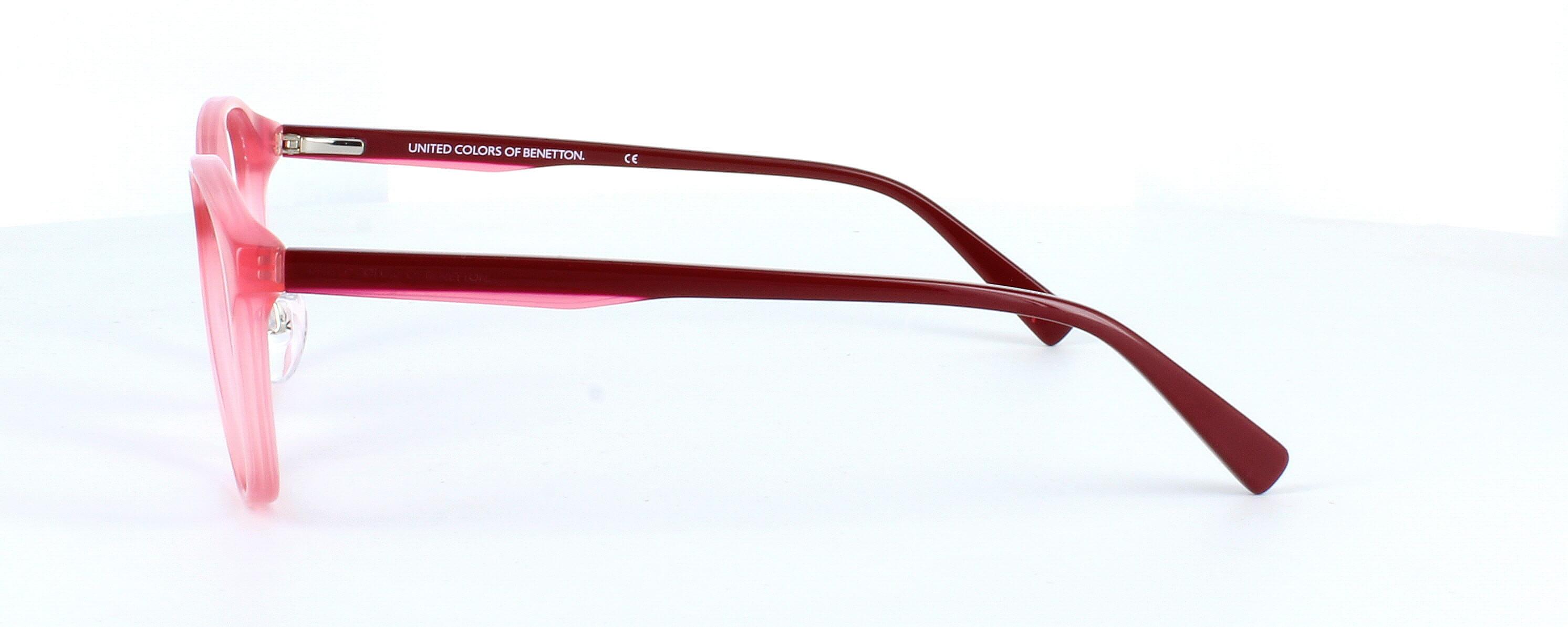 Benetton BEO1007 283 - Women's round plastic crystal pink glasses frame with sprung hinged burgundy arms - image view 3