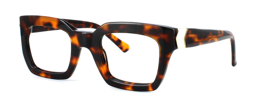 Bowyer & Finch Citrine is a woman's hand made tortoise, square shaped acetate glasses frame with three bar barrel hinges and matching acetate arms with gold inlay at the temple - image view 1